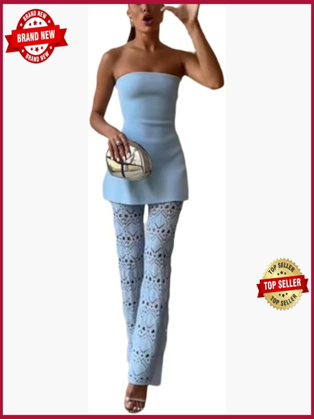 Knit 2 Piece Set Off Shoulder Tube Top Floral Hollow Out Straight Leg Pants